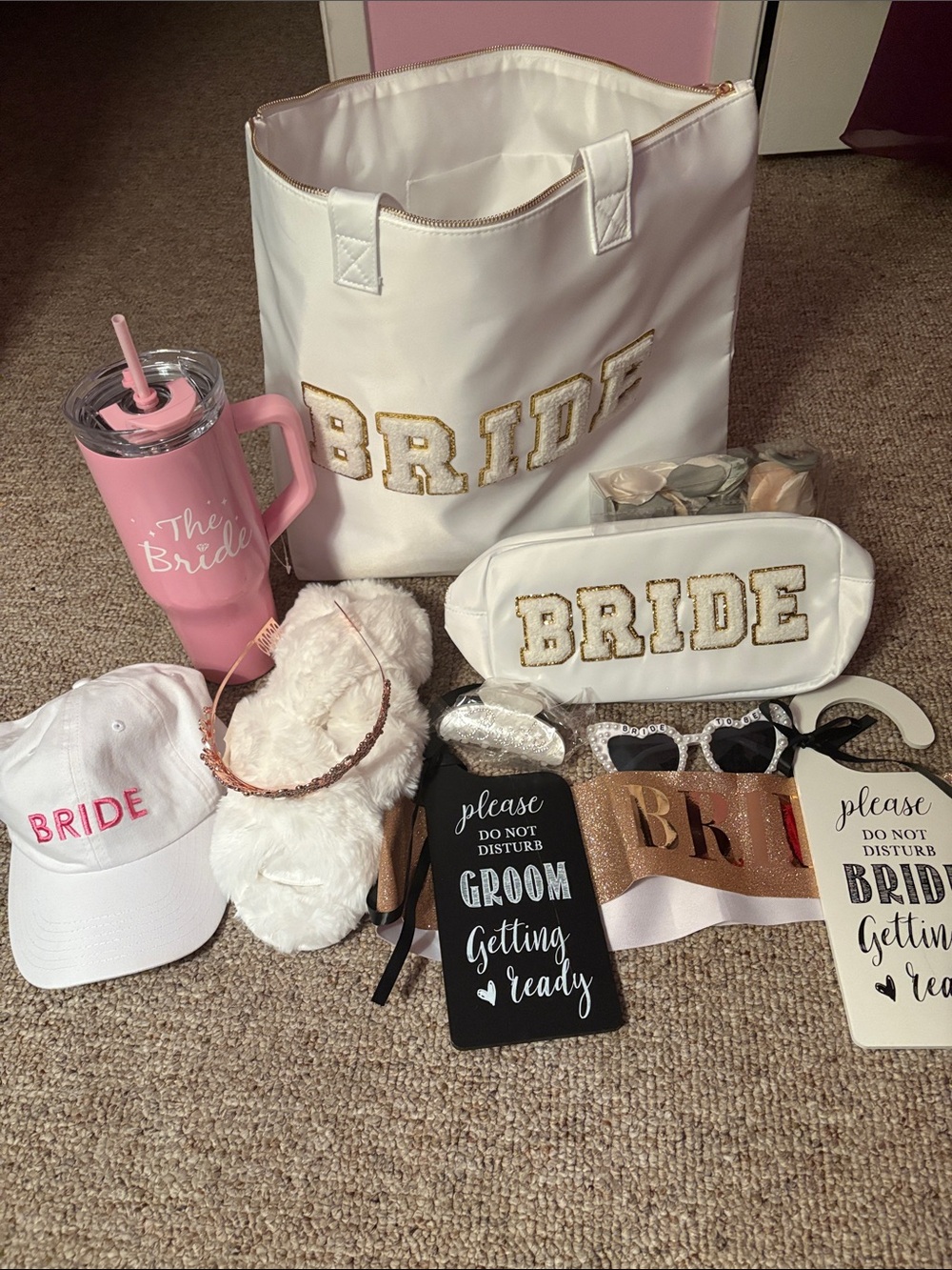 Bridal Gift Set - White and Pink Bride Accessories. Glasses, make up bag, more